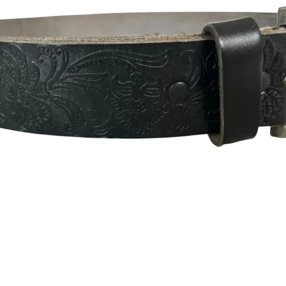 Mens Black Embossed Genuine Leather Embossed Western Inspired Belt Silver Buckle